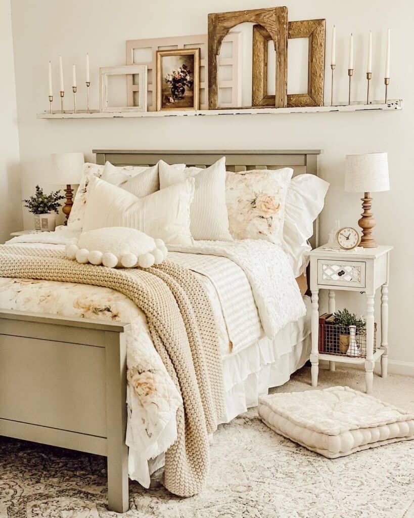 White Floating Shelf Above Cozy Bed