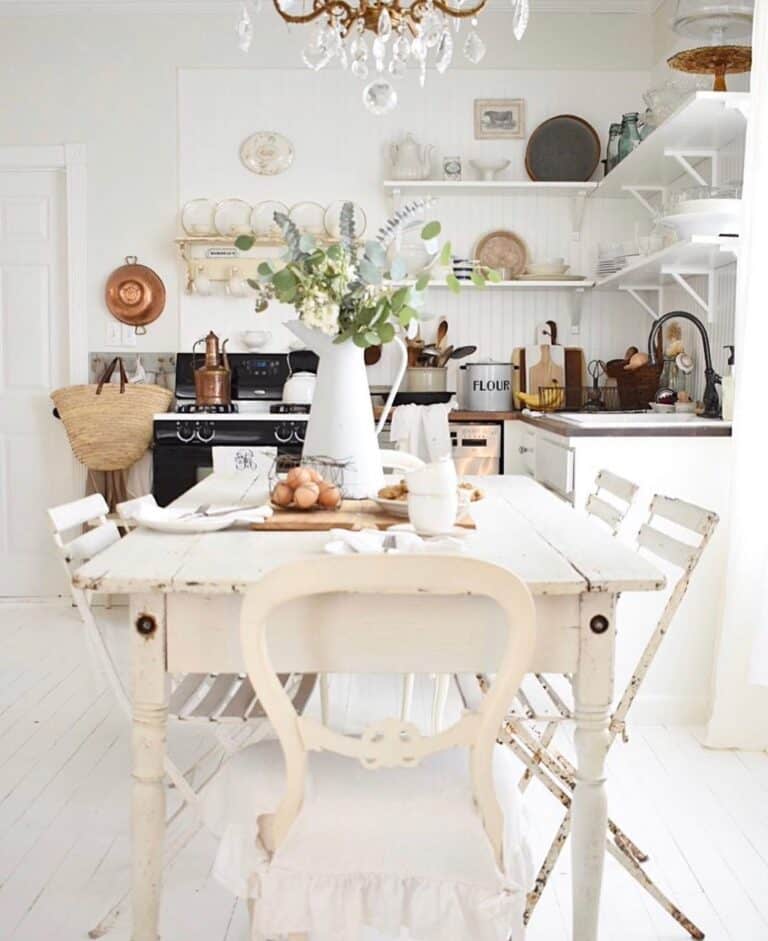 White Floating Shelves in White Kitchen