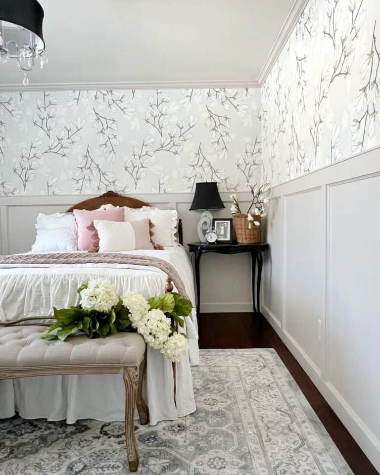 White Floral Wallpaper with Board and Batten