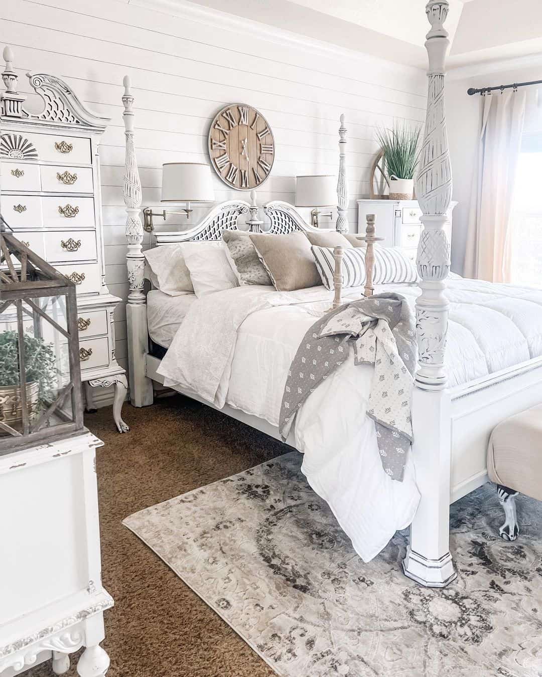 White FourPoster Bed with White Bedding Soul & Lane