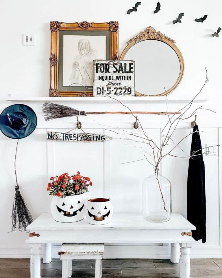 White Hallway with Black and White Halloween Witch Decor