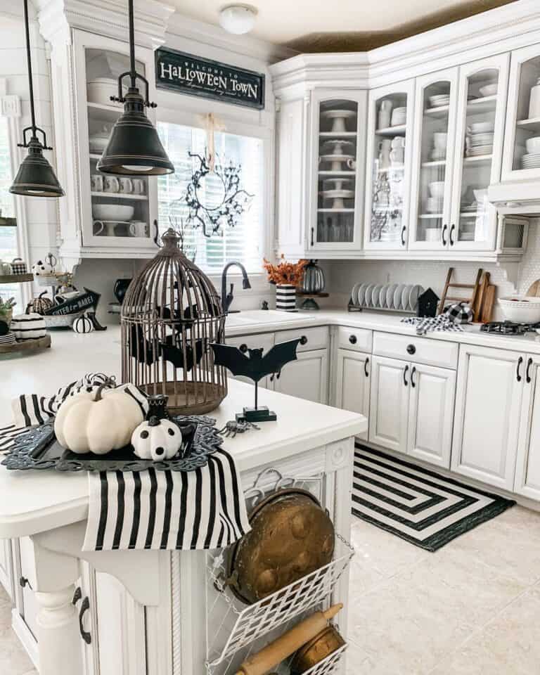 White Kitchen with Black and White Halloween Decorations