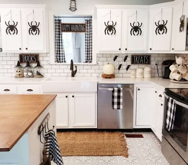 White Kitchen with Halloween Spiders