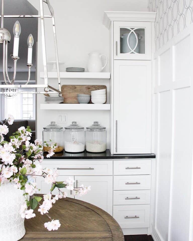 White Kitchen with White Floating Shelves