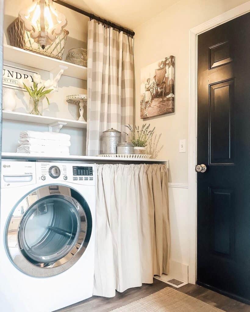 White Laundry Counter with Beige Curtain