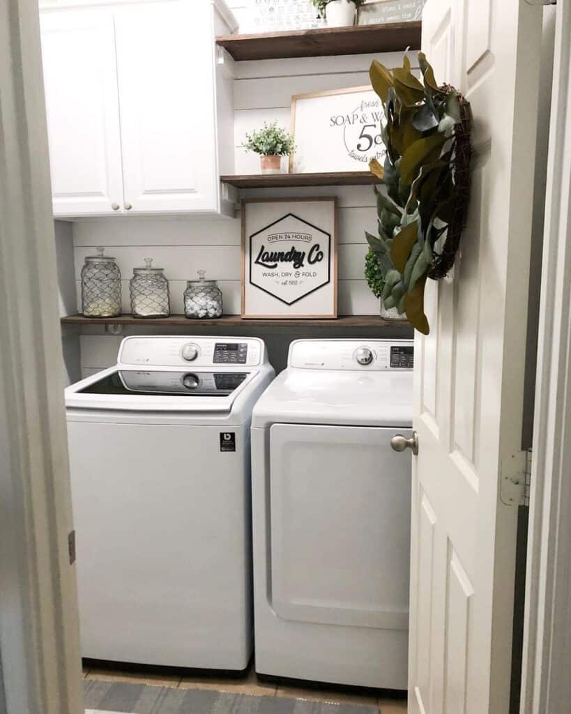 White Laundry Room Door with Green Wreath - Soul & Lane