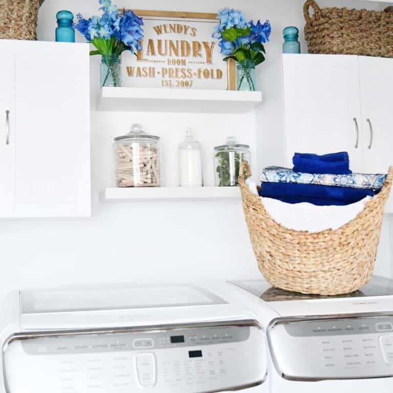 White Laundry Room with Woven Baskets