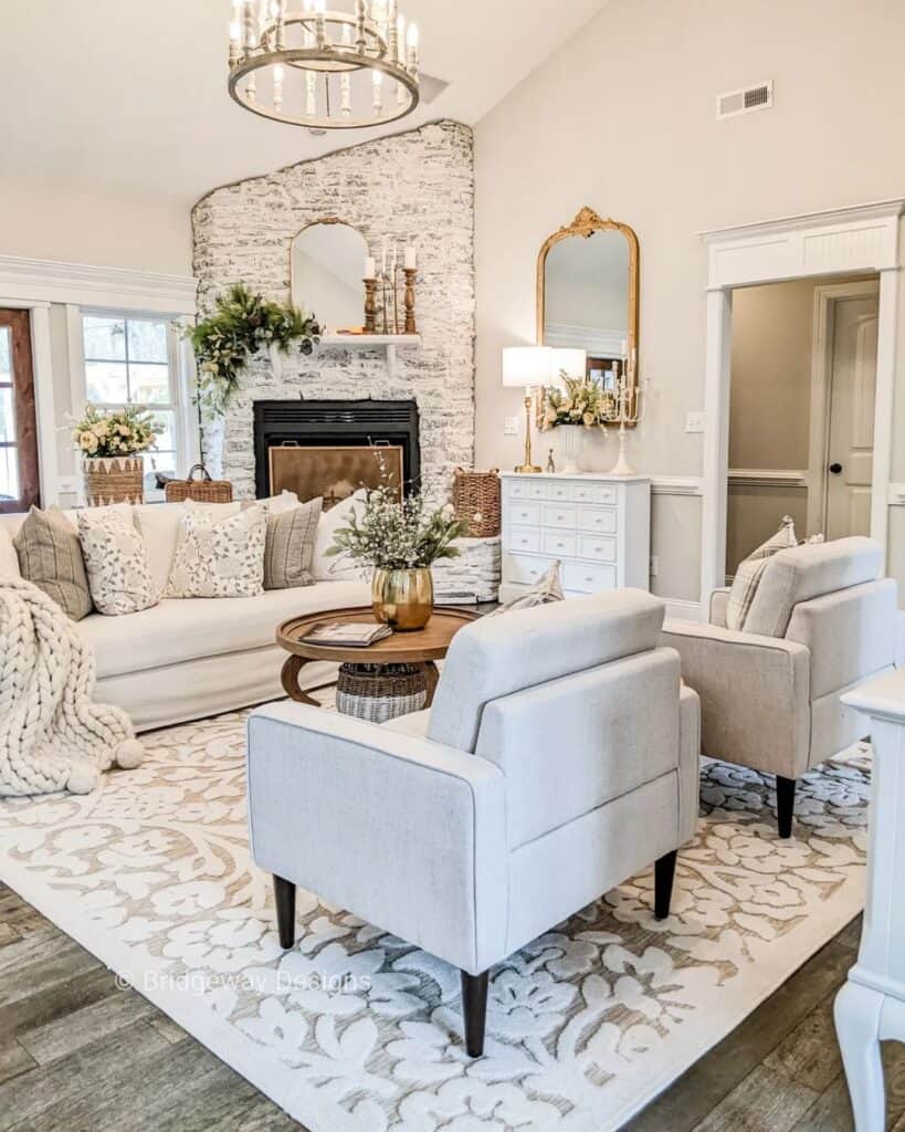 White Living Room with Grey Couch with Pillows