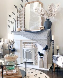 White Mantel with Crow Halloween Decor