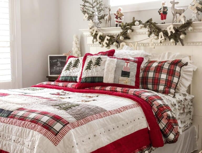 White Mantel with Embroidered Christmas Comforter set