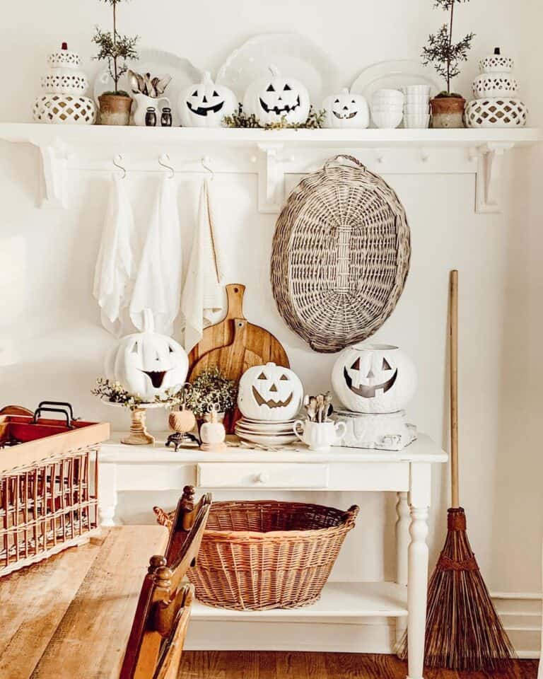 White Pumpkin and Wood Kitchen Halloween Decorations
