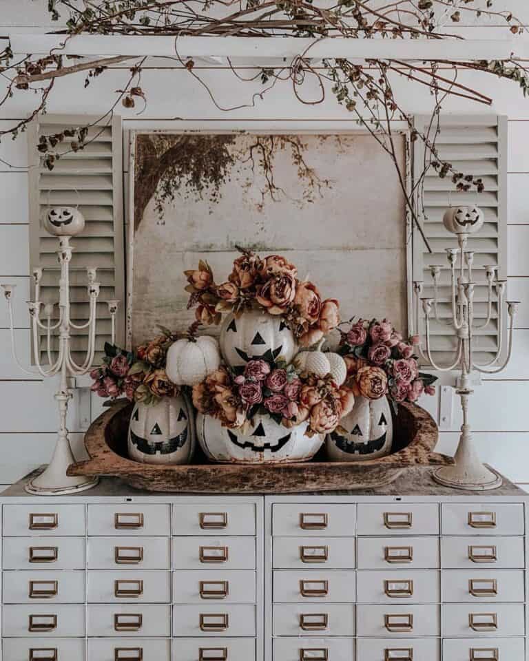 White Pumpkins with Roses Halloween Decor