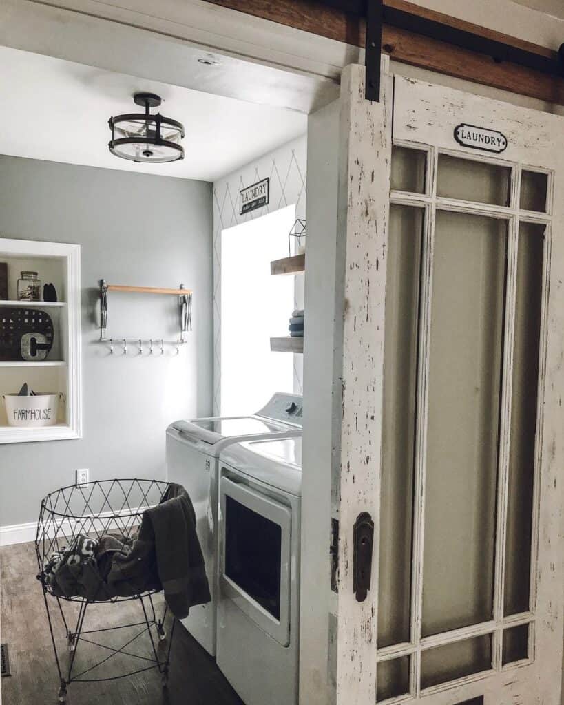 White Rustic Laundry Room Sliding Barn Door