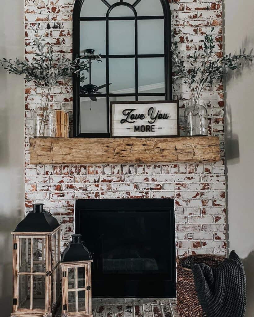 White Rustic Painted Brick Fireplace