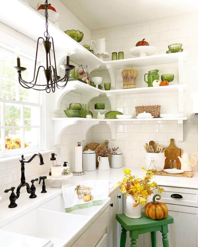 White Shelves in Colorful Fall Kitchen