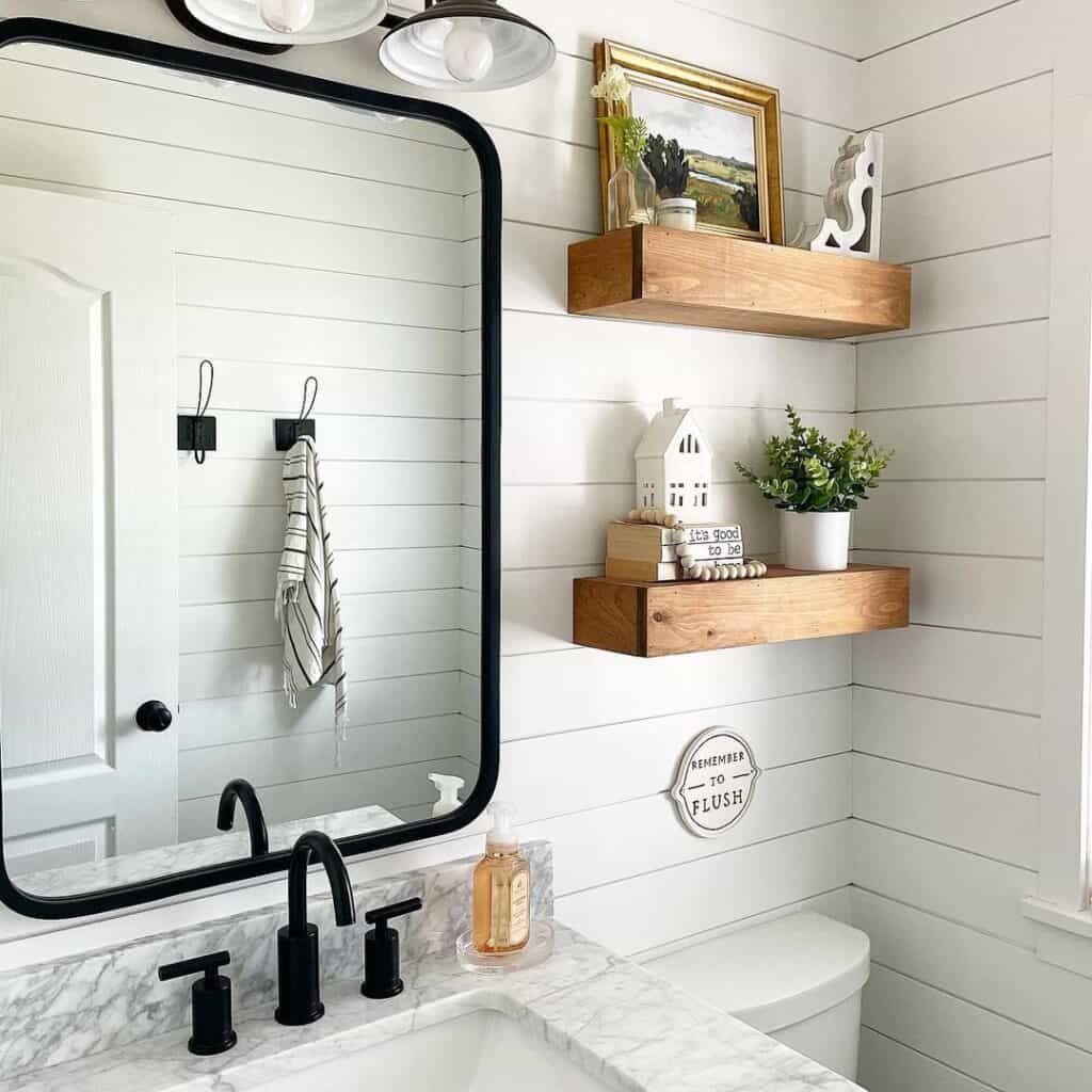 White Shiplap Bathroom with Black Accents