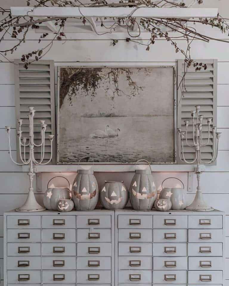 White Shiplap Hallway with Apothecary Chest