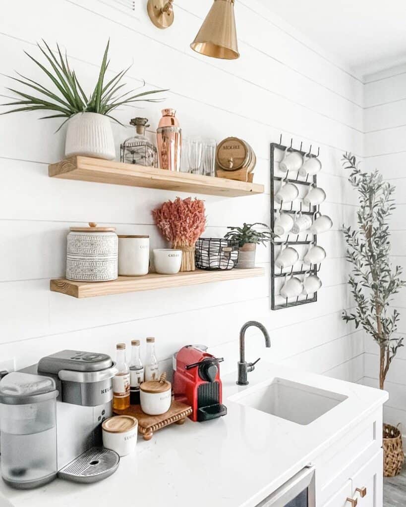 White Shiplap Kitchen with Floating Shelves