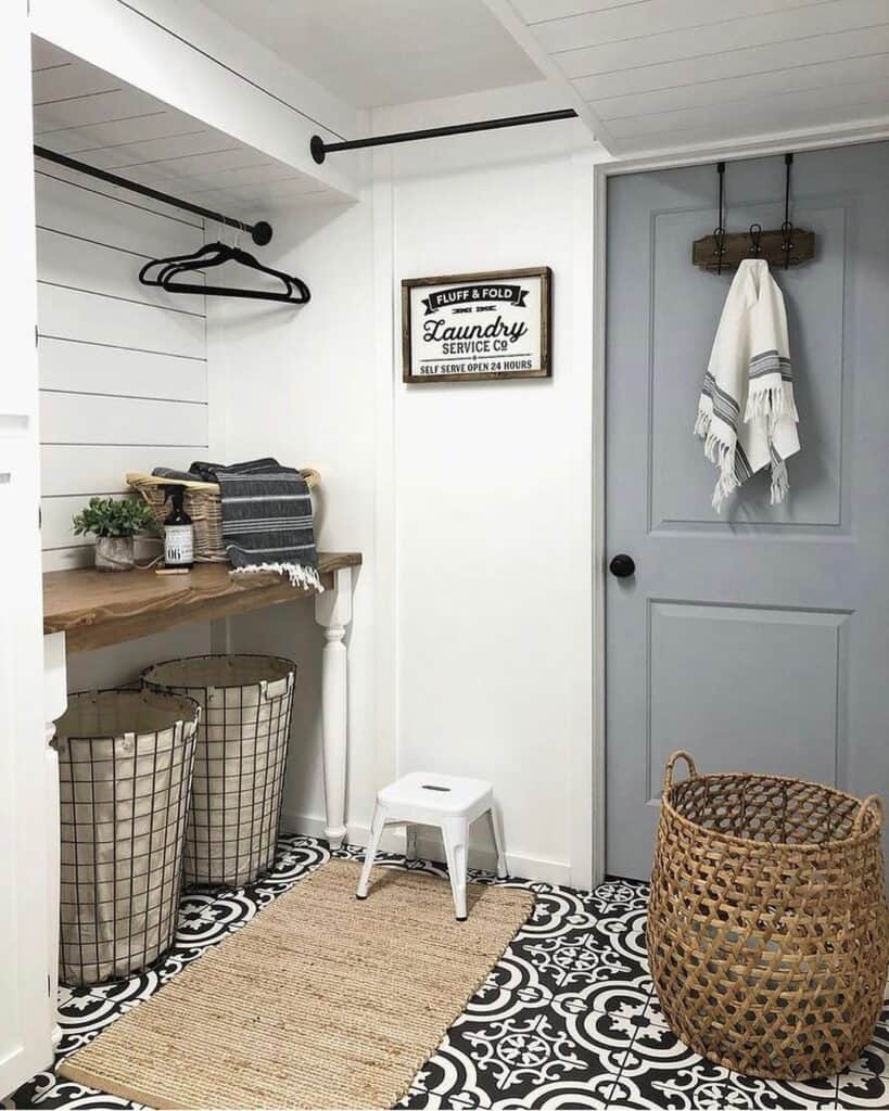 White Shiplap Laundry Room with Gray Door
