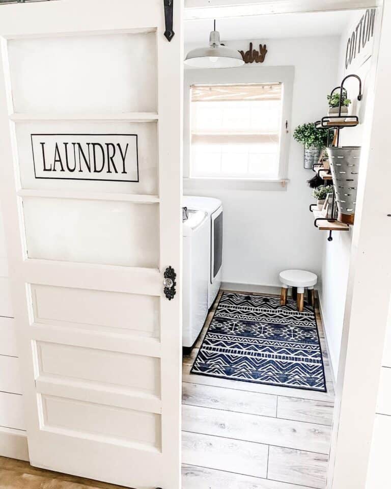 White Sliding Door with Decorative Laundry Sign