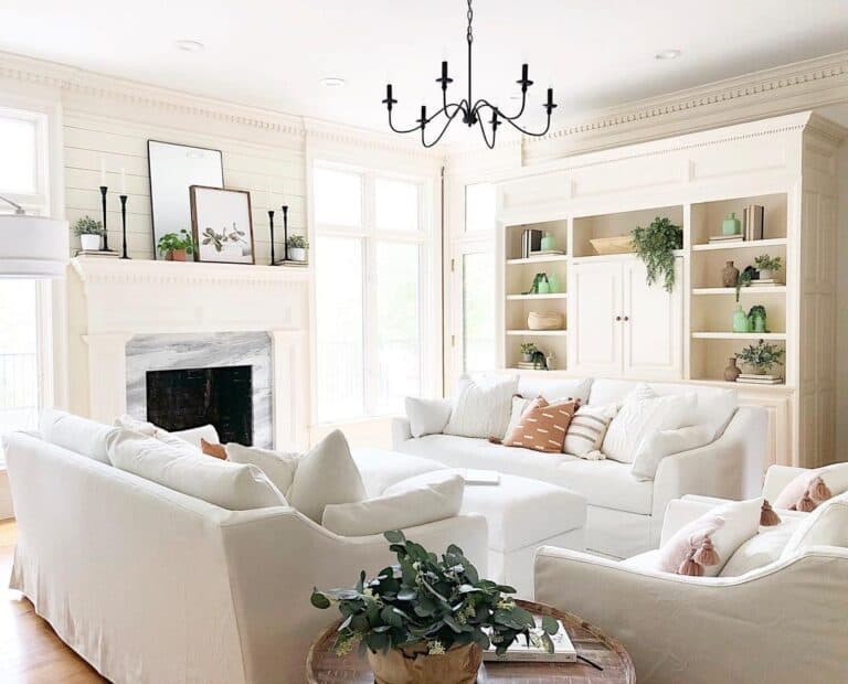 White Sofa Living Room with Built-in Shelves