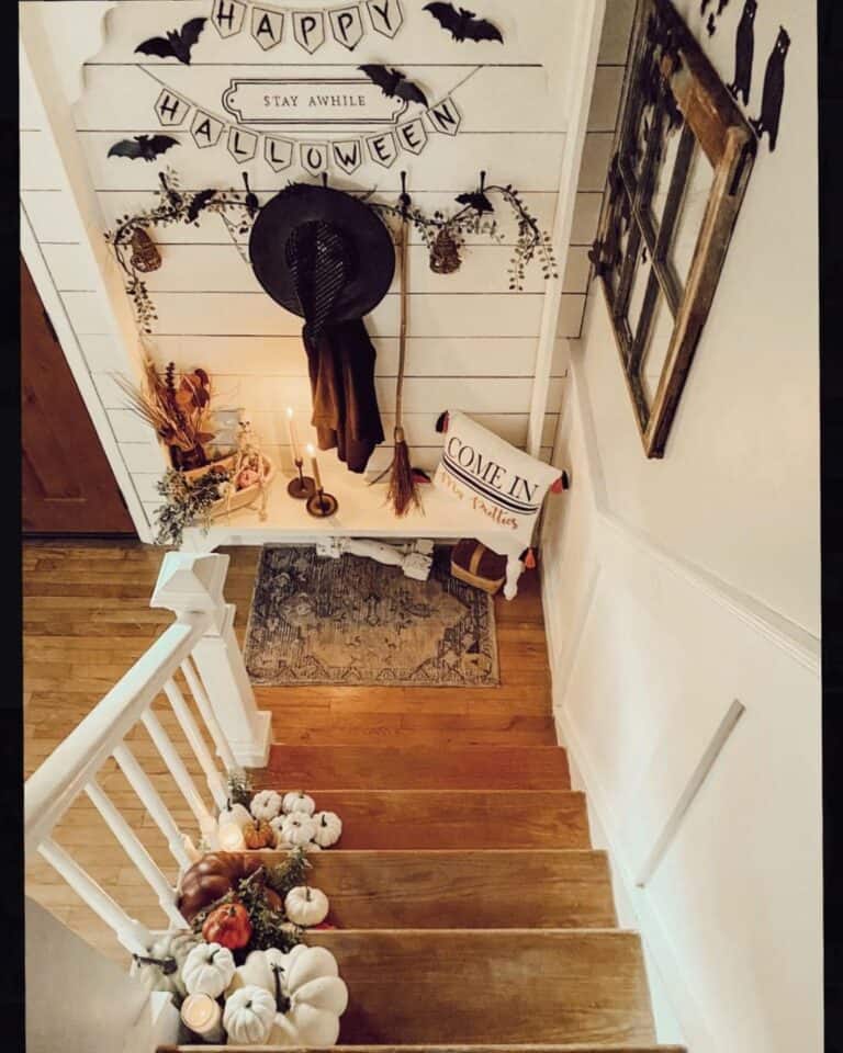 White Stairway with Black Witch Halloween Decorations
