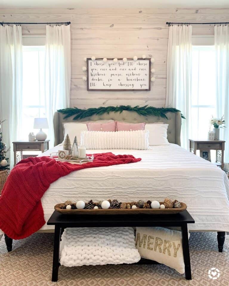 White Textured Bedspread with Red Throw Blanket