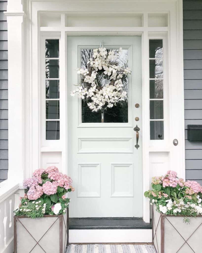 White Wreath on a White Front Door with Sidelights and Transom Soul & Lane