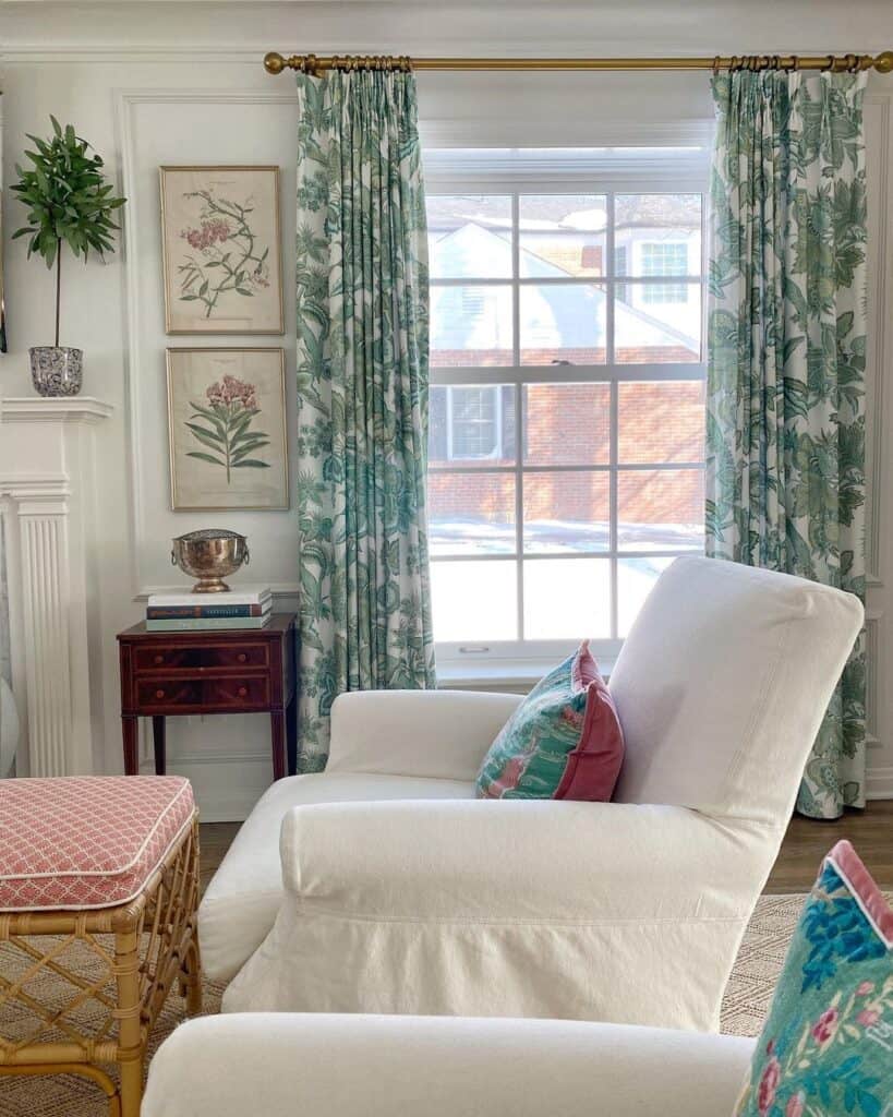 White and Green Floral Curtains for Living Room