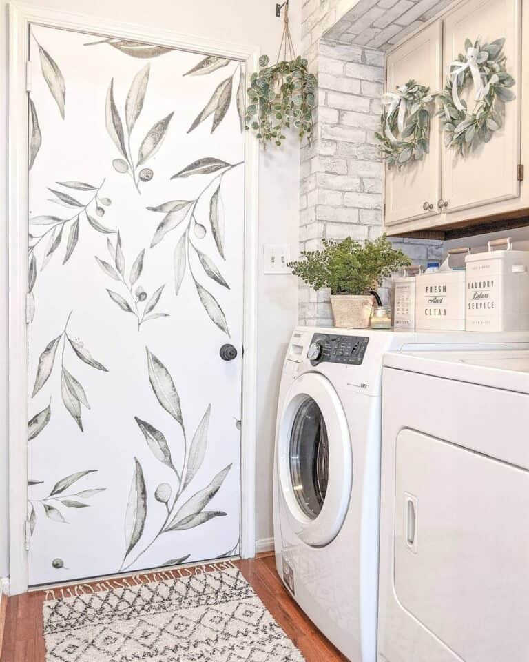 White and Green Leaf Printed Door