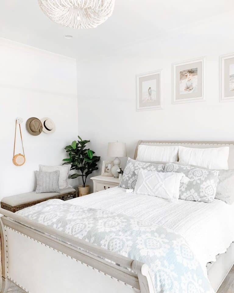 White and Grey Bedding in White Bedroom