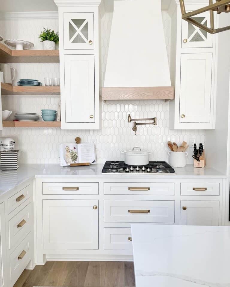 Wood Corner Floating Shelves on White Tiled Wall