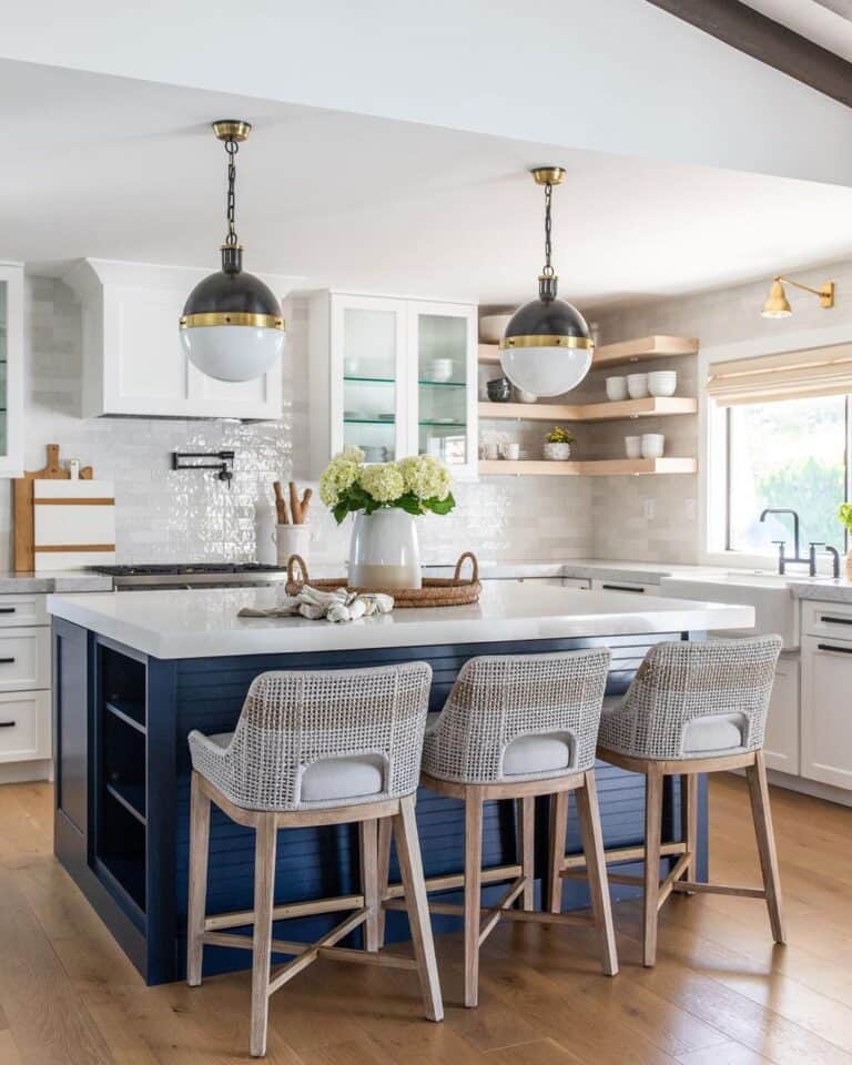 Wood Corner Floating Shelves with Blue Kitchen Island