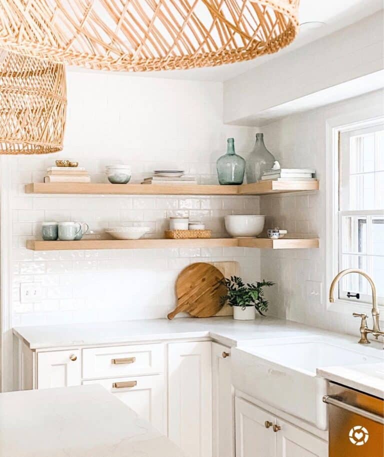 Wood Corner Floating Shelves with Wicker Pendant Lights