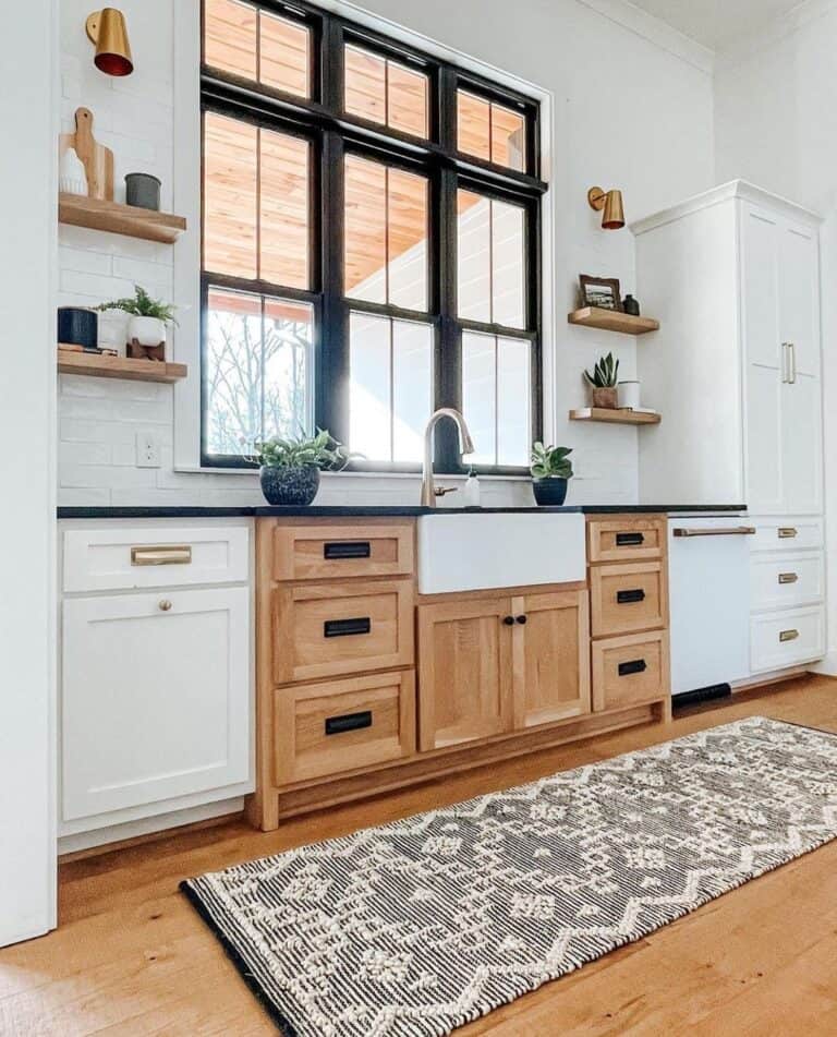 Wood Floating Shelves with Gold Sconces