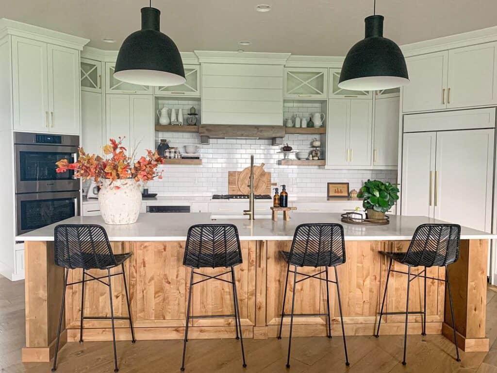 Wood Island in White Farmhouse Kitchen