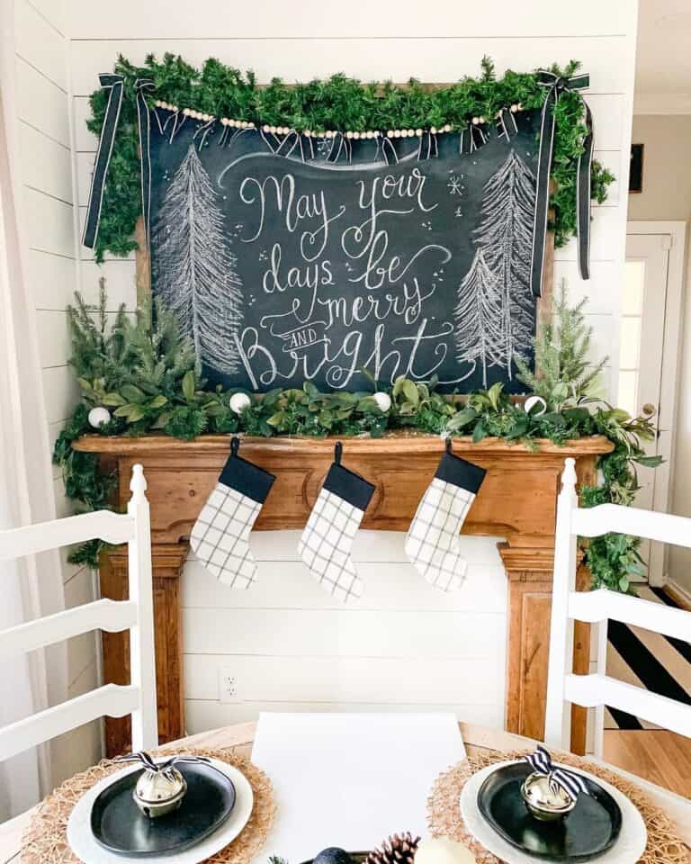 Wood Mantle in White Shiplap Kitchen