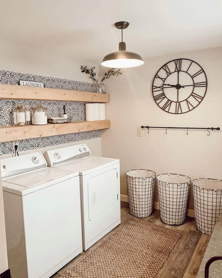 Wood Shelves Against Patterned Tile Wall