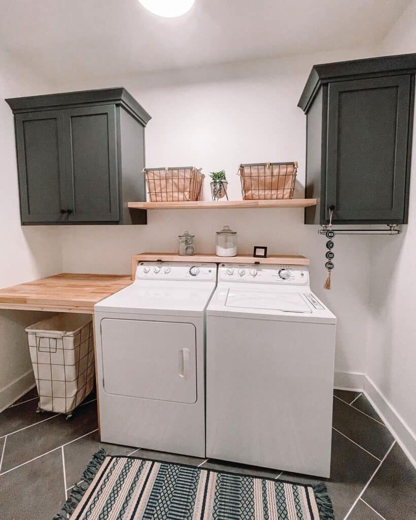 Wood Shelves and Black Storage Cabinets