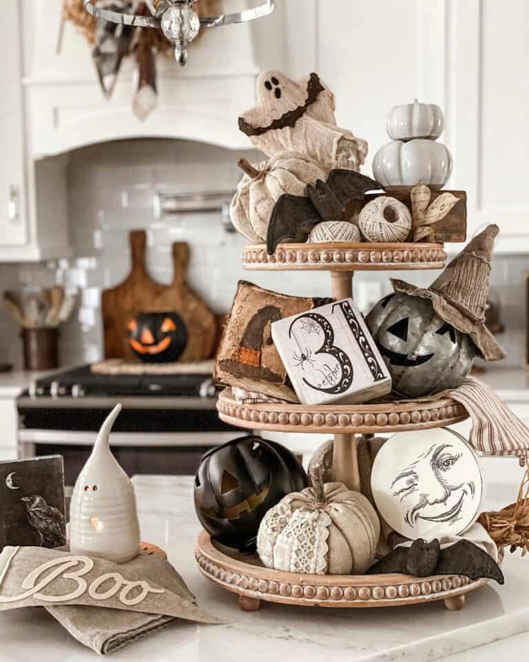 Wood Tray with Halloween Accessories