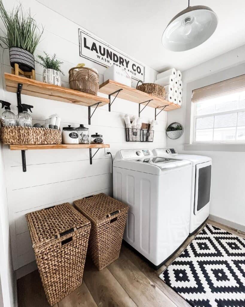 Wood and Black Metal Laundry Room Shelving