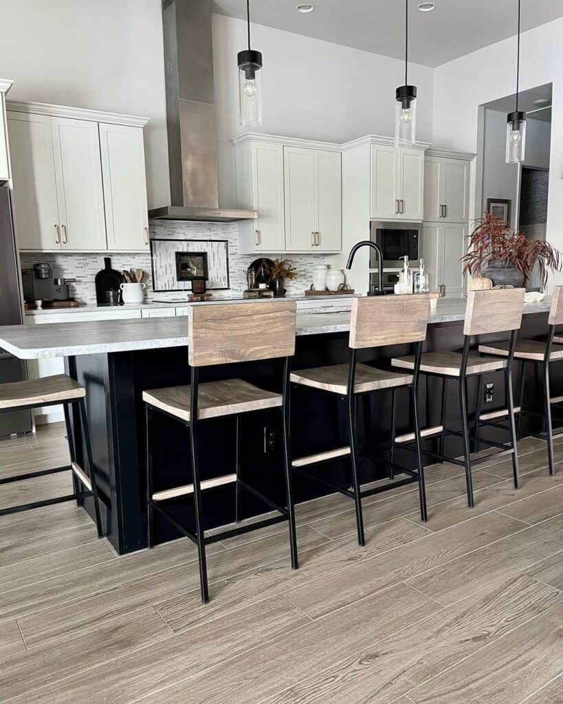 Wood and Black Stools With Glass Pendants
