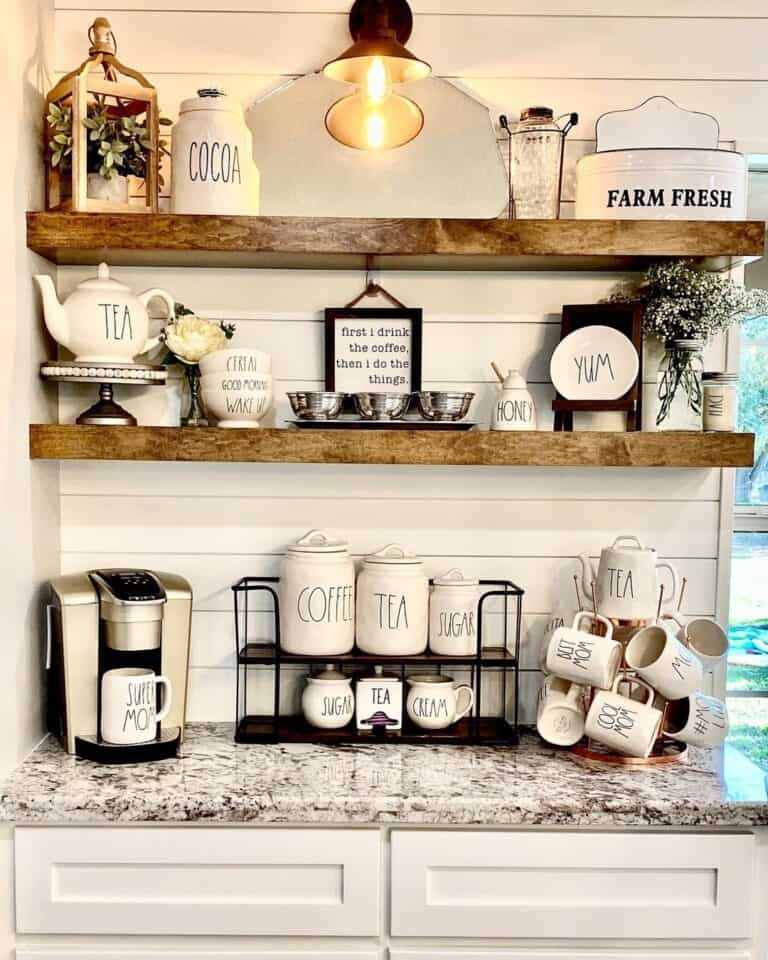 Wooden Floating Shelves with Farmhouse Decor