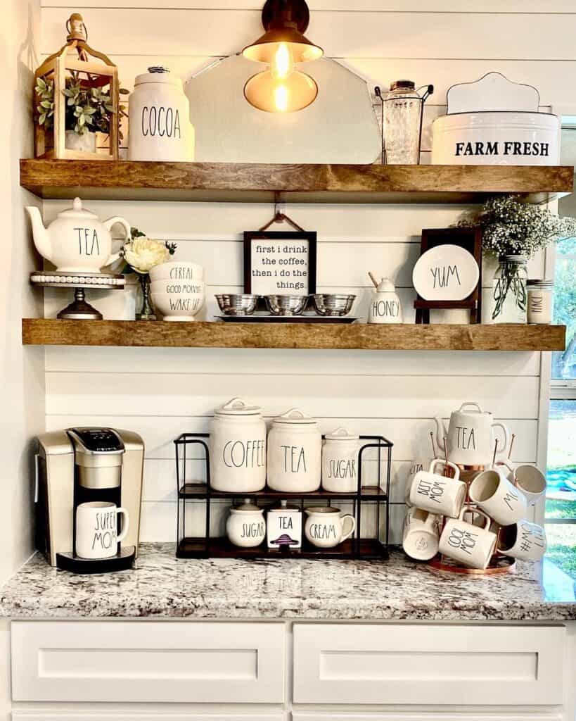 Wooden Floating Shelves with Farmhouse Decor