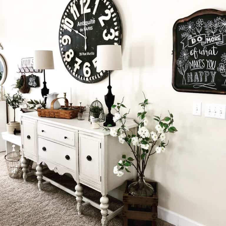Antique White Buffet with Black Table Lamps