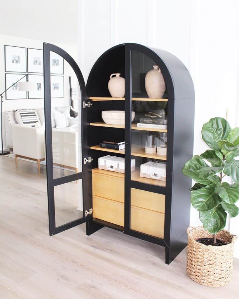 Arched Black Display Cabinet Against White Paneled Wall