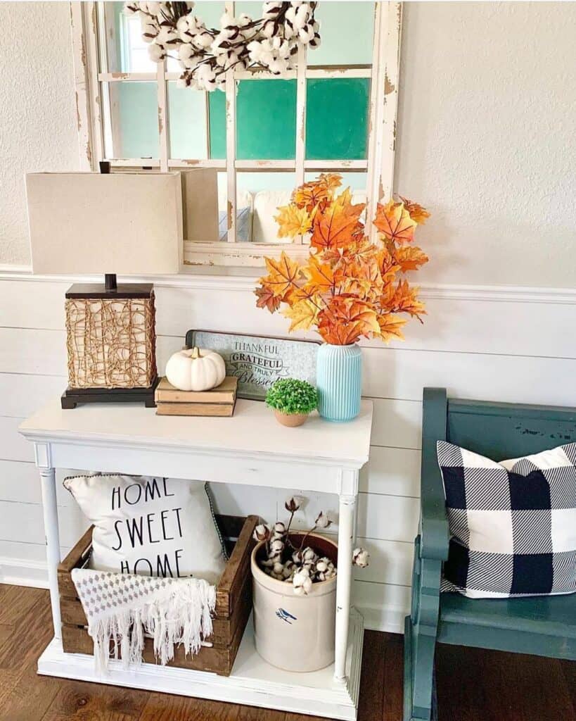 Autumn Décor in White Shiplap Entryway