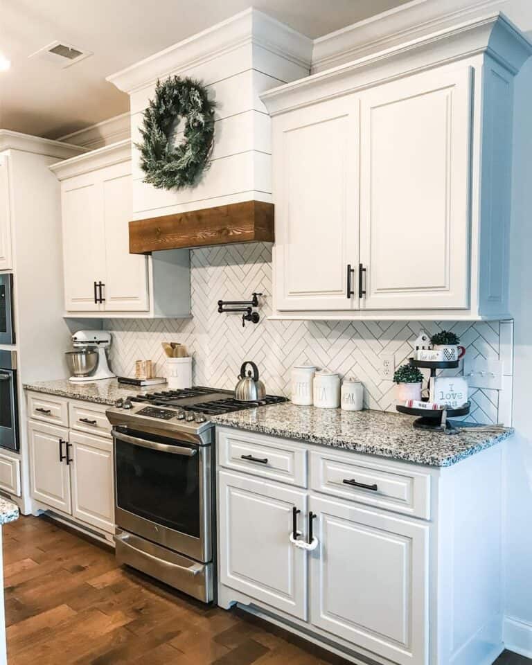 Backsplash with White Herringbone Subway Tile