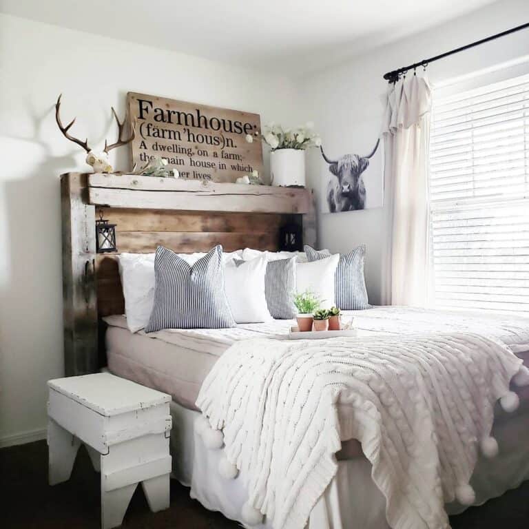 Barnwood Headboard with Blue and White Pillows