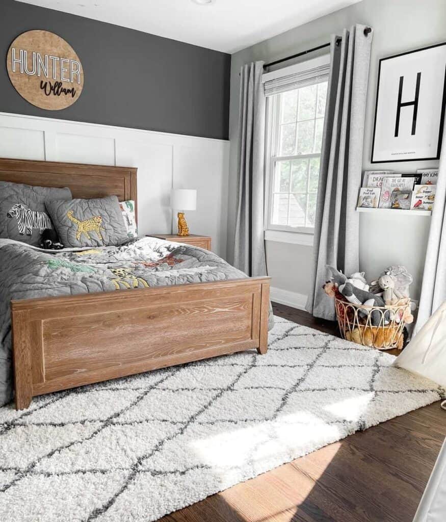 Basket of Stuffed Animals Next to White Rug Under a Bed